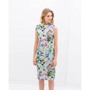 Zara Light Blue Pink Floral Boat Neck Midi Dress Size S